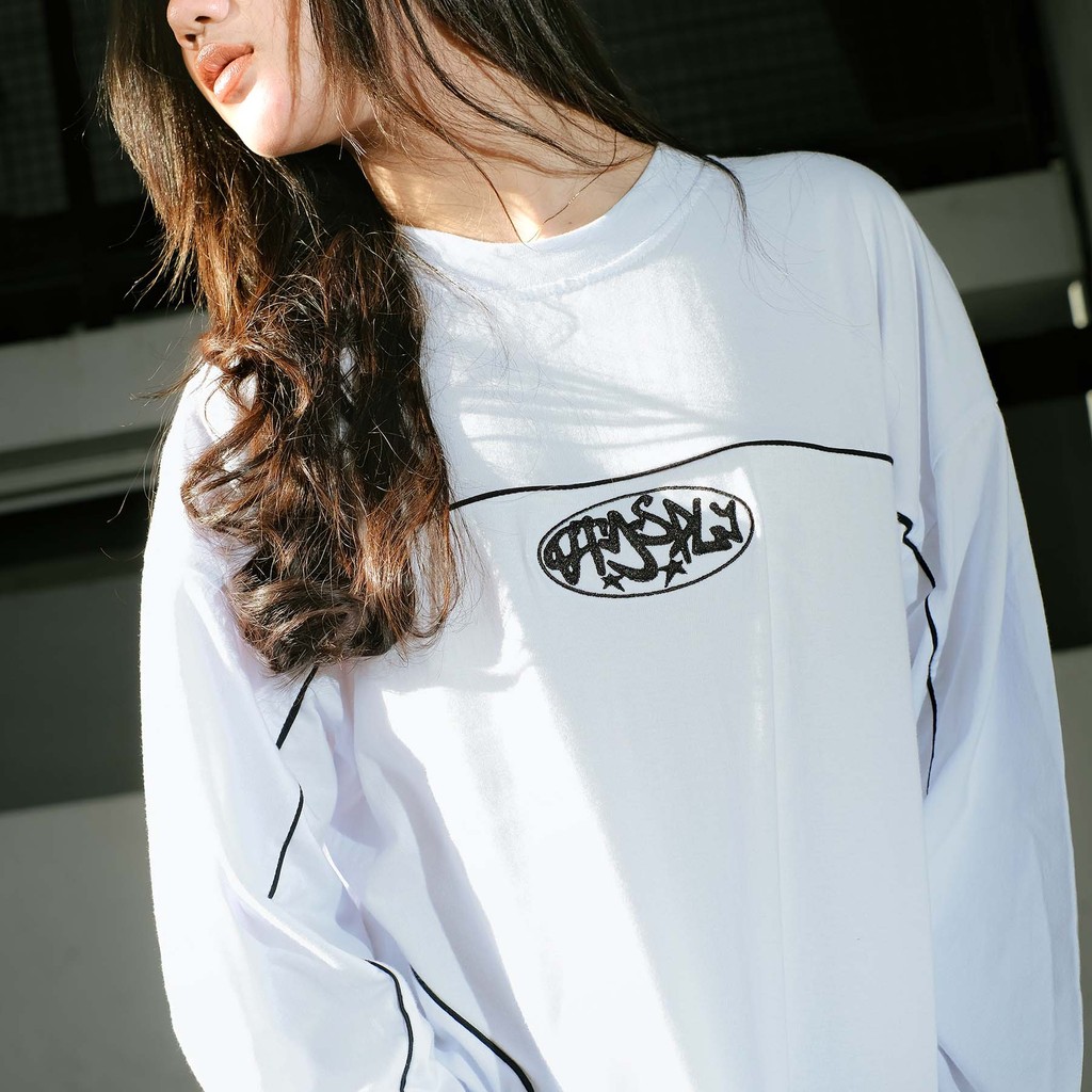 OOTDSUPPLY Longsleeve Boxy Cutline Circle Embroidery Black & White l Tshirt Boxyfit Panjang Unisex | Kaos Lengan Panjang Pria dan Wanita | LS-BX-CL-CE