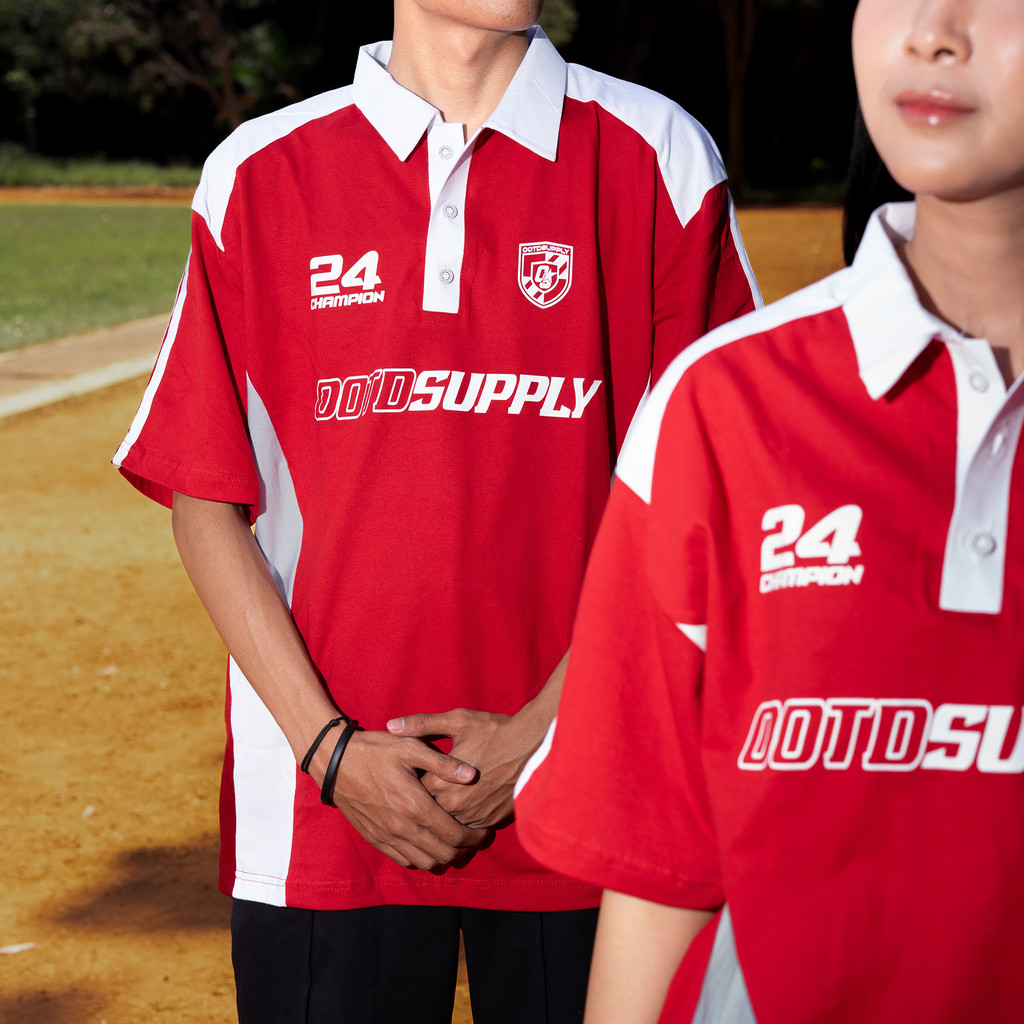 OOTDSUPPLY Oversize Polo Paste Line Redplay Red Chili | Atasan Polo Sporty Series | Unisex | OS-PS-PL-001