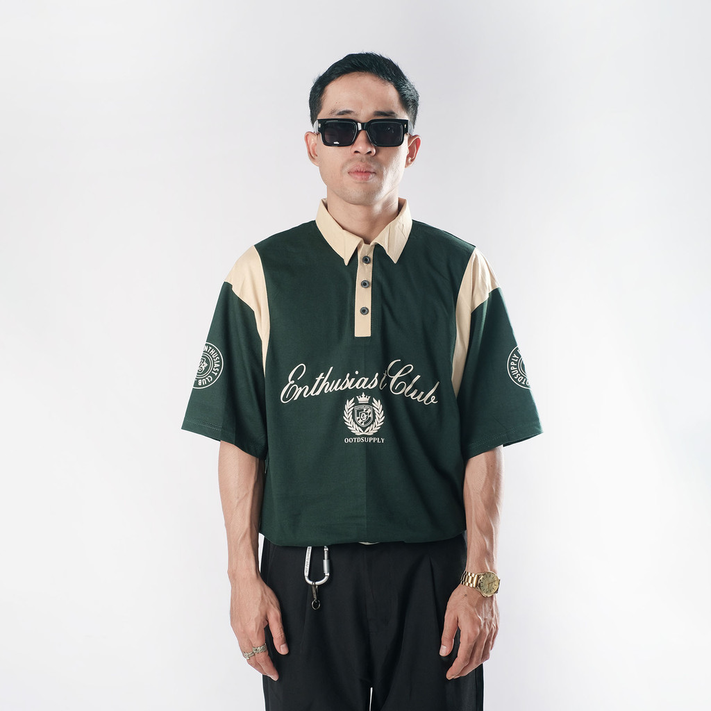 OOTDSUPPLY Oversize Rugby Polo Shirt Ivory Combination Green Mocca | Kaos Polo Pria dan Wanita PS-RGB-043