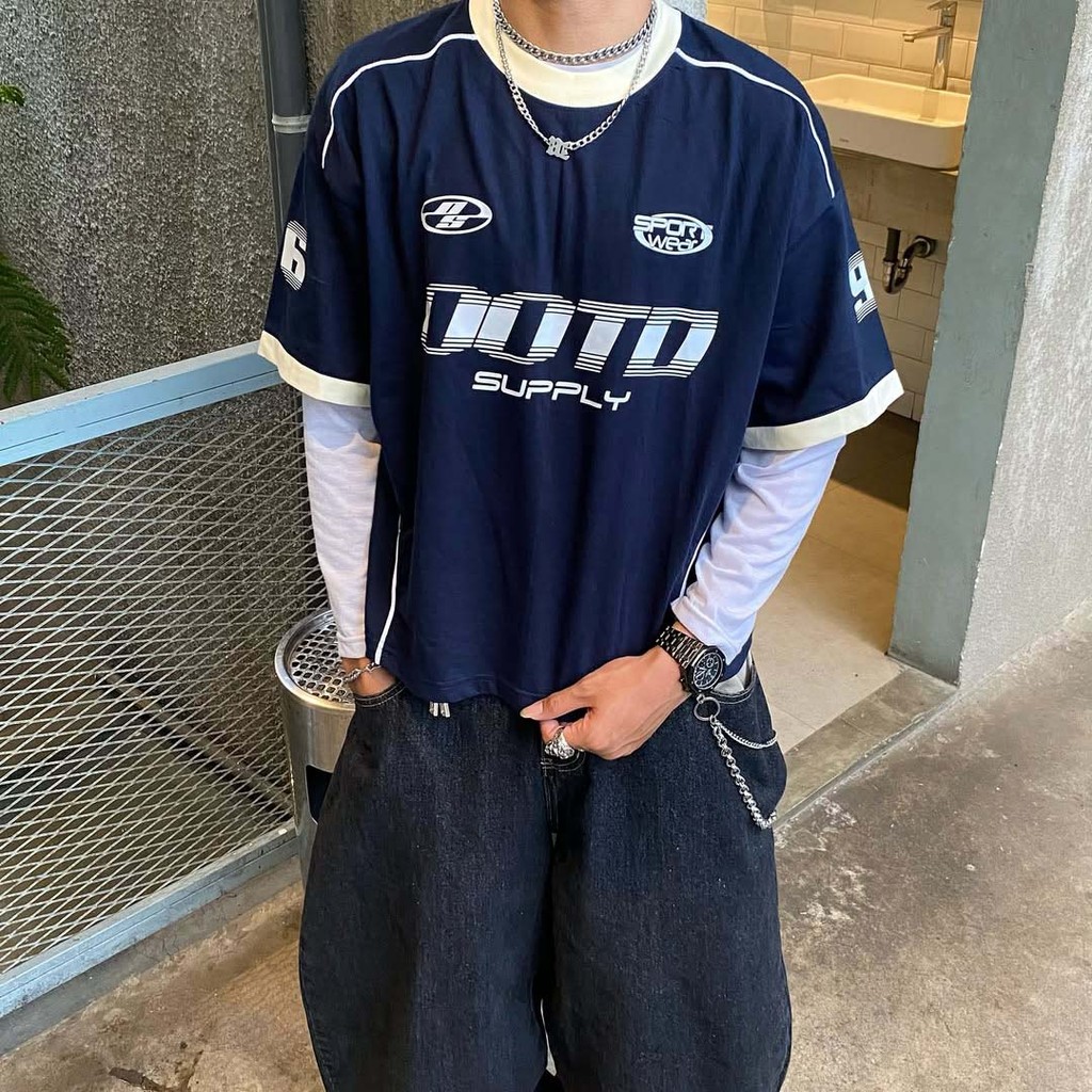 OOTDSUPPLY Oversized Boxy Raceflux Navy Ringer Line | Oversize Pria & Wanita | Kaos Unisex | OS-OVZ-BX-RL002