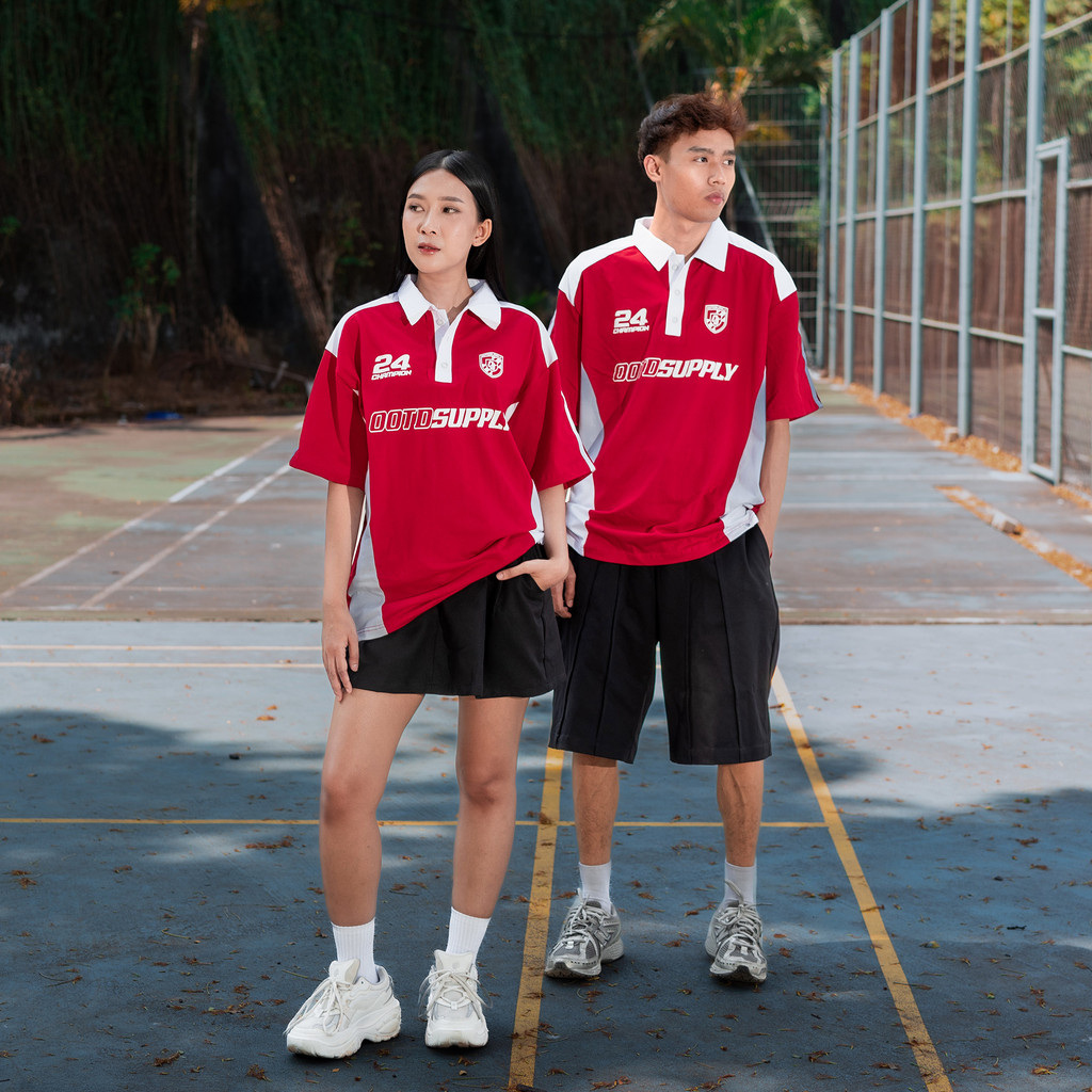 OOTDSUPPLY Oversize Polo Paste Line Redplay Red Chili | Atasan Polo Sporty Series | Unisex | OS-PS-PL-001