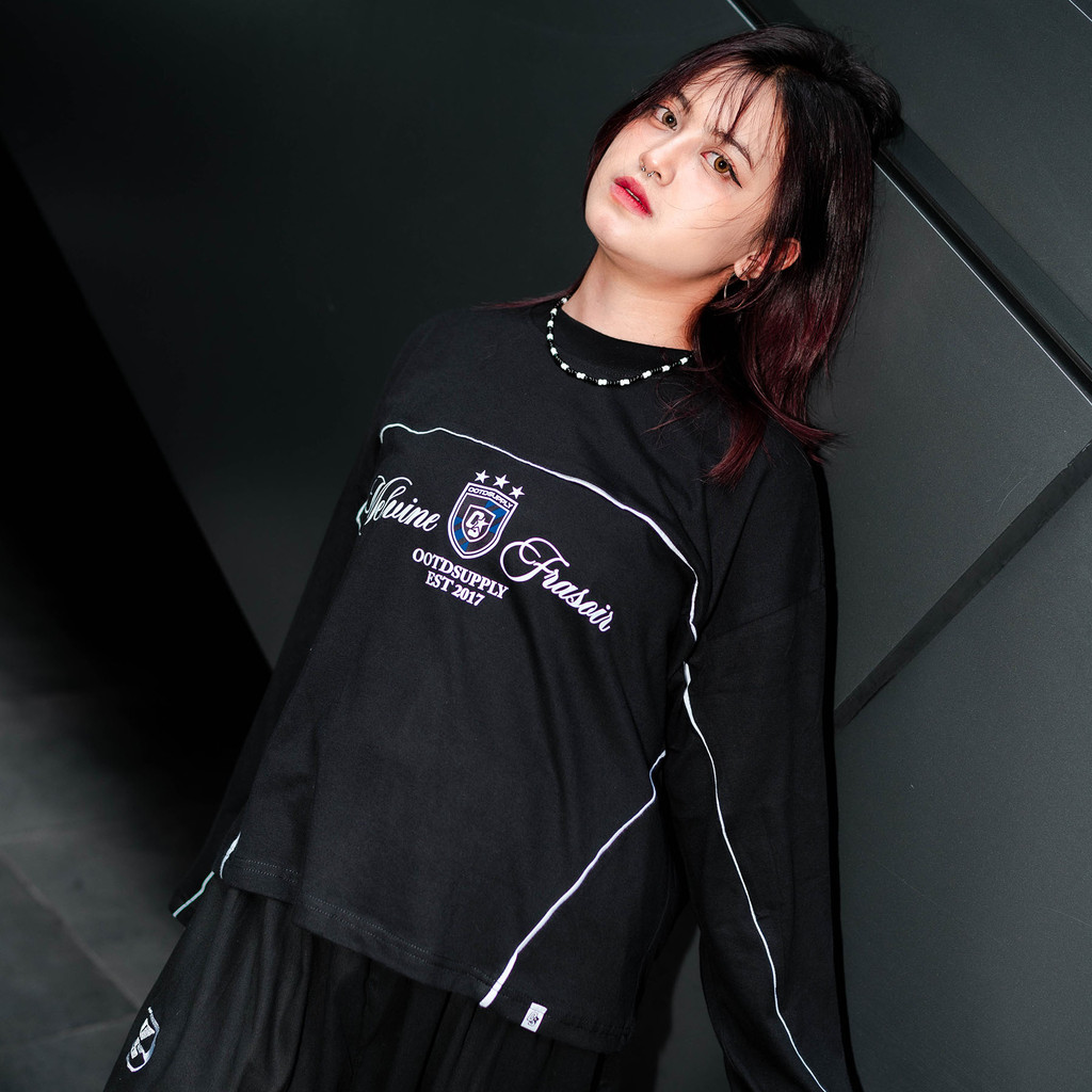 OOTDSUPPLY Longsleeve Boxy Cutline Melvine Black l Tshirt Boxyfit Panjang Unisex | Kaos Lengan Panjang Pria dan Wanita | LS-BX-CL-002