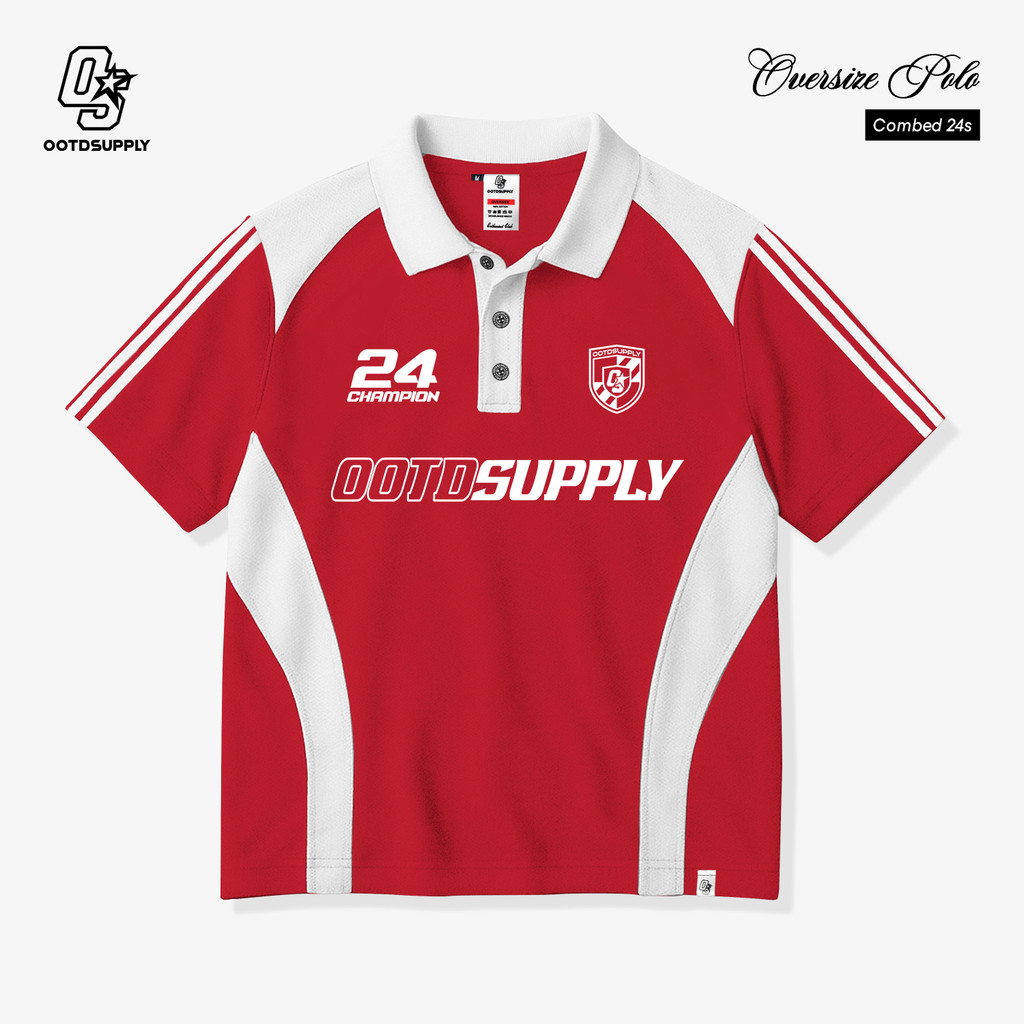 OOTDSUPPLY Oversize Polo Paste Line Redplay Red Chili | Atasan Polo Sporty Series | Unisex | OS-PS-PL-001