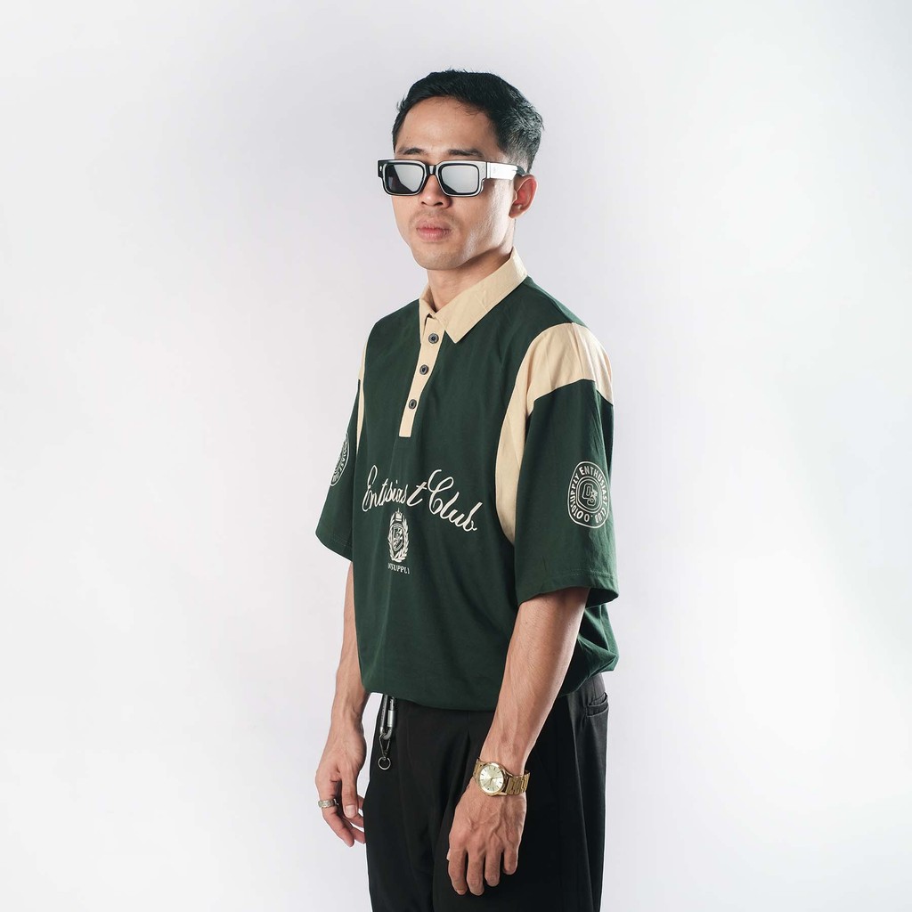 OOTDSUPPLY Oversize Rugby Polo Shirt Ivory Combination Green Mocca | Kaos Polo Pria dan Wanita PS-RGB-043