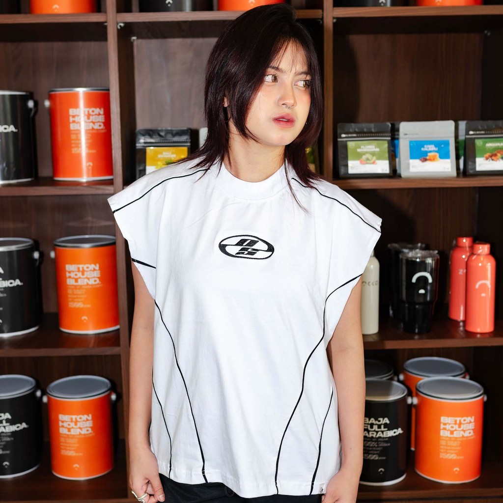 OOTDSUPPLY Oversize Boxy Sleeveless List Neocore Embroidery Black & White l Tshirt Oversize Singlet | Singlet Lekbong | OVZ-SINGLET-STITCH-NE