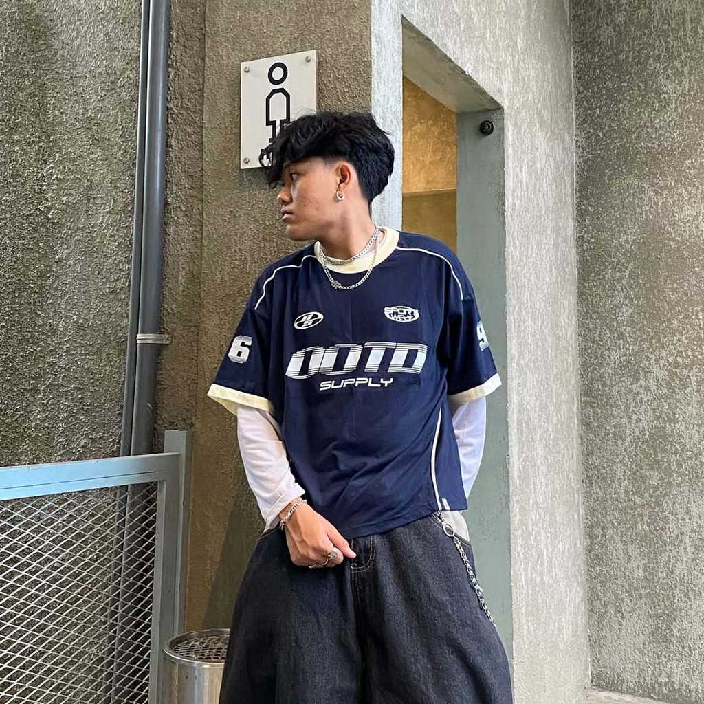 OOTDSUPPLY Oversized Boxy Raceflux Navy Ringer Line | Oversize Pria & Wanita | Kaos Unisex | OS-OVZ-BX-RL002