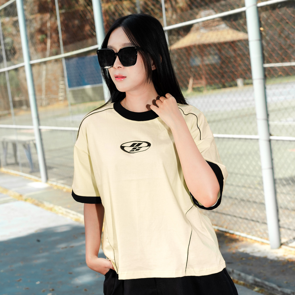 OOTDSUPPLY Oversized Boxy Neocore Embroidery Ringer Line | Oversize Pria & Wanita | Kaos Unisex | OS-OVZ-BX-RL-NE
