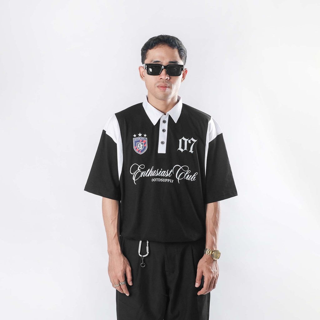 OOTDSUPPLY Oversize Rugby Polo Shirt Shield 07 Combination Black White | Kaos Polo Pria dan Wanita PS-RGB-042