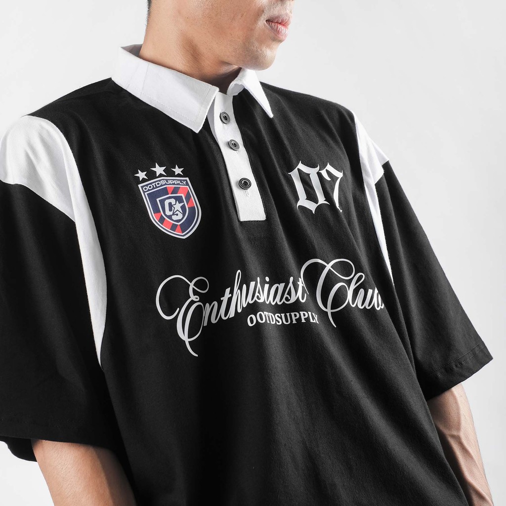 OOTDSUPPLY Oversize Rugby Polo Shirt Shield 07 Combination Black White | Kaos Polo Pria dan Wanita PS-RGB-042