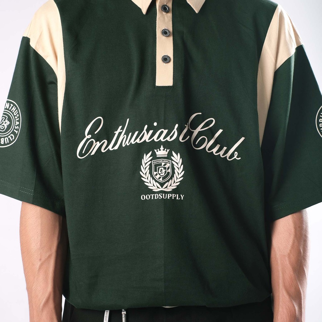 OOTDSUPPLY Oversize Rugby Polo Shirt Ivory Combination Green Mocca | Kaos Polo Pria dan Wanita PS-RGB-043
