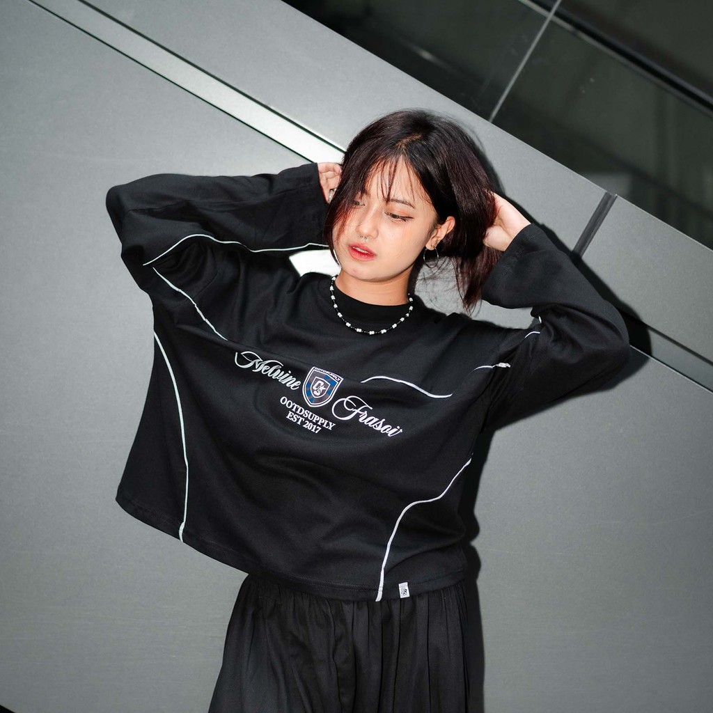 OOTDSUPPLY Longsleeve Boxy Cutline Melvine Black l Tshirt Boxyfit Panjang Unisex | Kaos Lengan Panjang Pria dan Wanita | LS-BX-CL-002