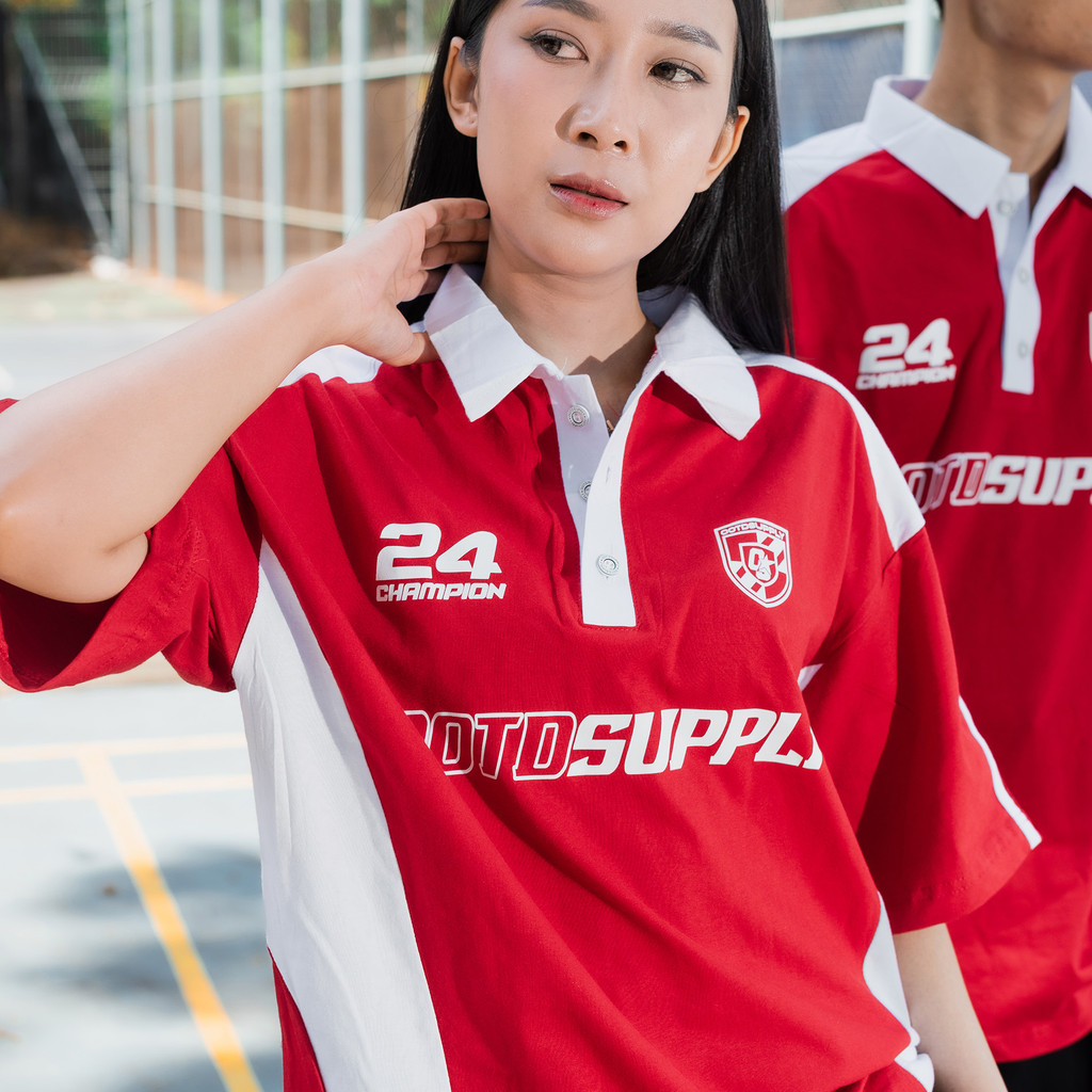 OOTDSUPPLY Oversize Polo Paste Line Redplay Red Chili | Atasan Polo Sporty Series | Unisex | OS-PS-PL-001