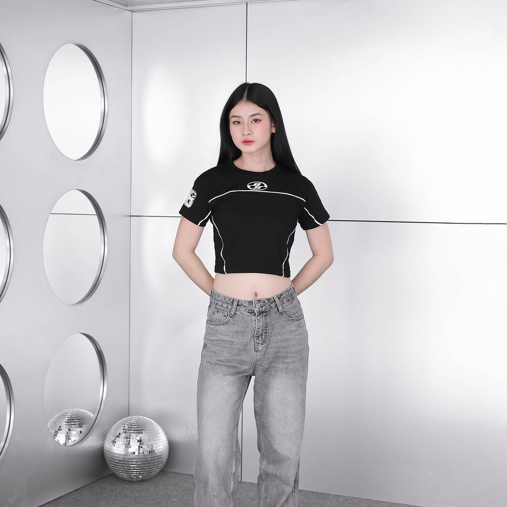 OOTDSUPPLY Croptee Fit Cutline Neo 28 Black & White l Tshirt Crop l Kaos Croptee | CSF-CL001