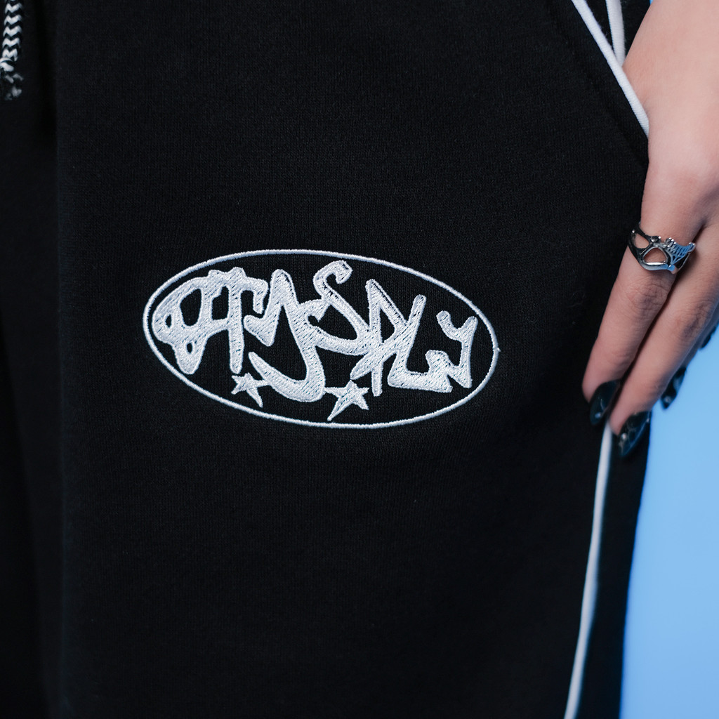 OOTDSUPPLY Baggy Pants Line Circle Embroidery | Celana Panjang Unisex | Celana Sporty | BP-BLK-CE