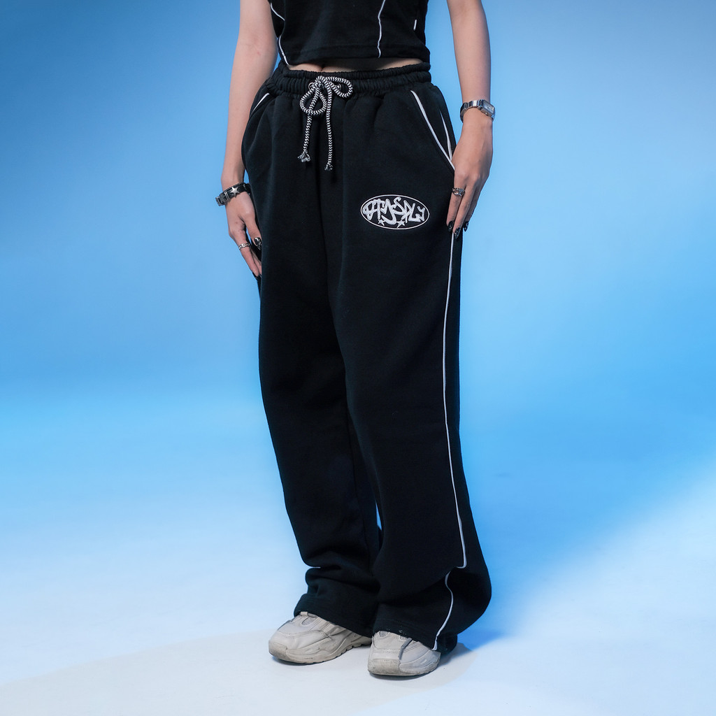 OOTDSUPPLY Baggy Pants Line Circle Embroidery | Celana Panjang Unisex | Celana Sporty | BP-BLK-CE