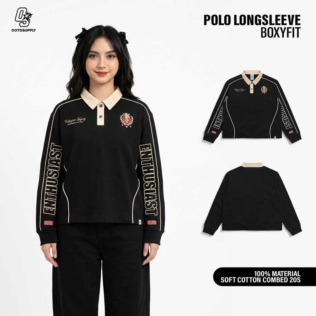 OOTDSUPPLY Polo Longsleeve BoxyFit Curveline Athletic Black Cream l Polo Lengan Panjang Royal Series | Kaos Panjang Double List Premium | OS-LS-PS-CVL-BLC-004
