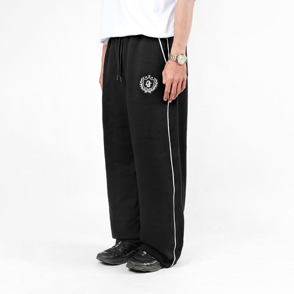 OOTDSUPPLY Baggy Pants Line Grace & Sweet Embroidery | Celana Panjang Unisex | Celana Sporty | OS-BP-BLK-GSE