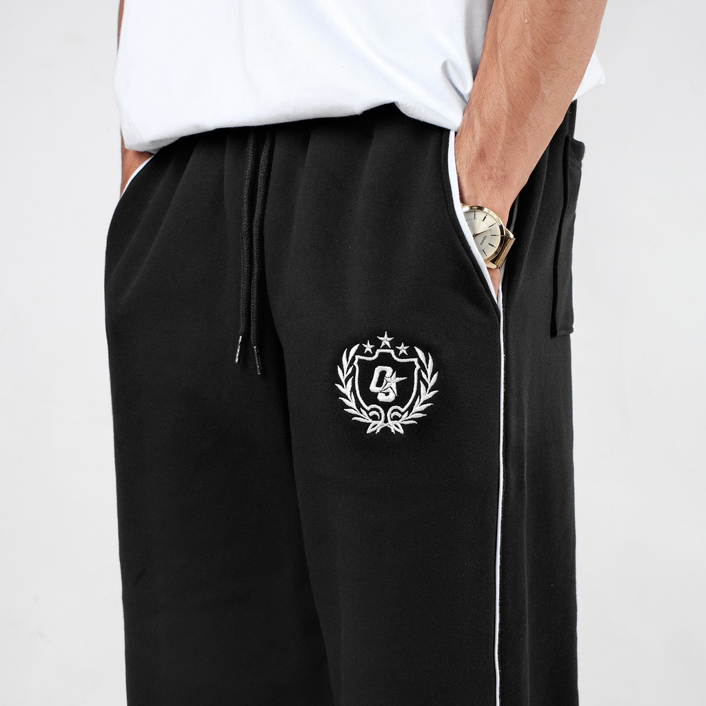 OOTDSUPPLY Baggy Pants Line Grace & Sweet Embroidery | Celana Panjang Unisex | Celana Sporty | OS-BP-BLK-GSE