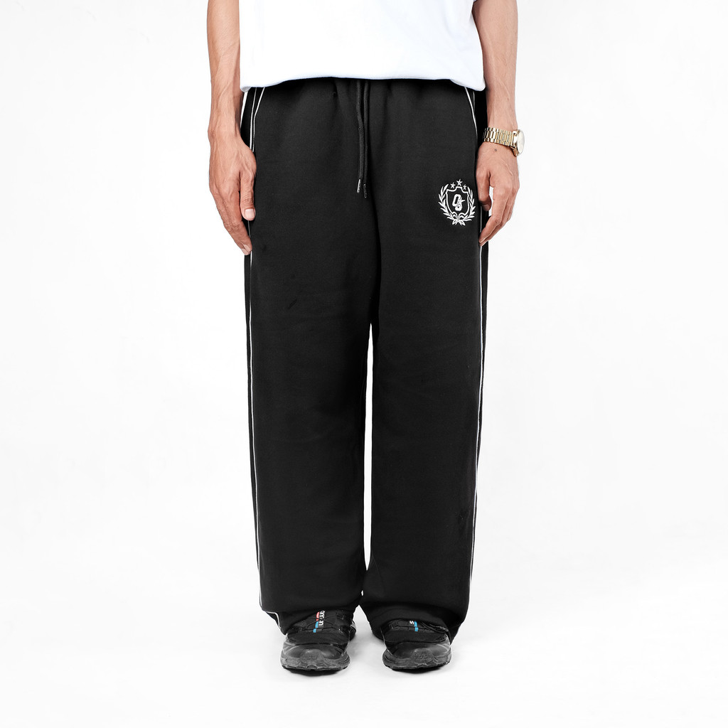 OOTDSUPPLY Baggy Pants Line Grace & Sweet Embroidery | Celana Panjang Unisex | Celana Sporty | OS-BP-BLK-GSE