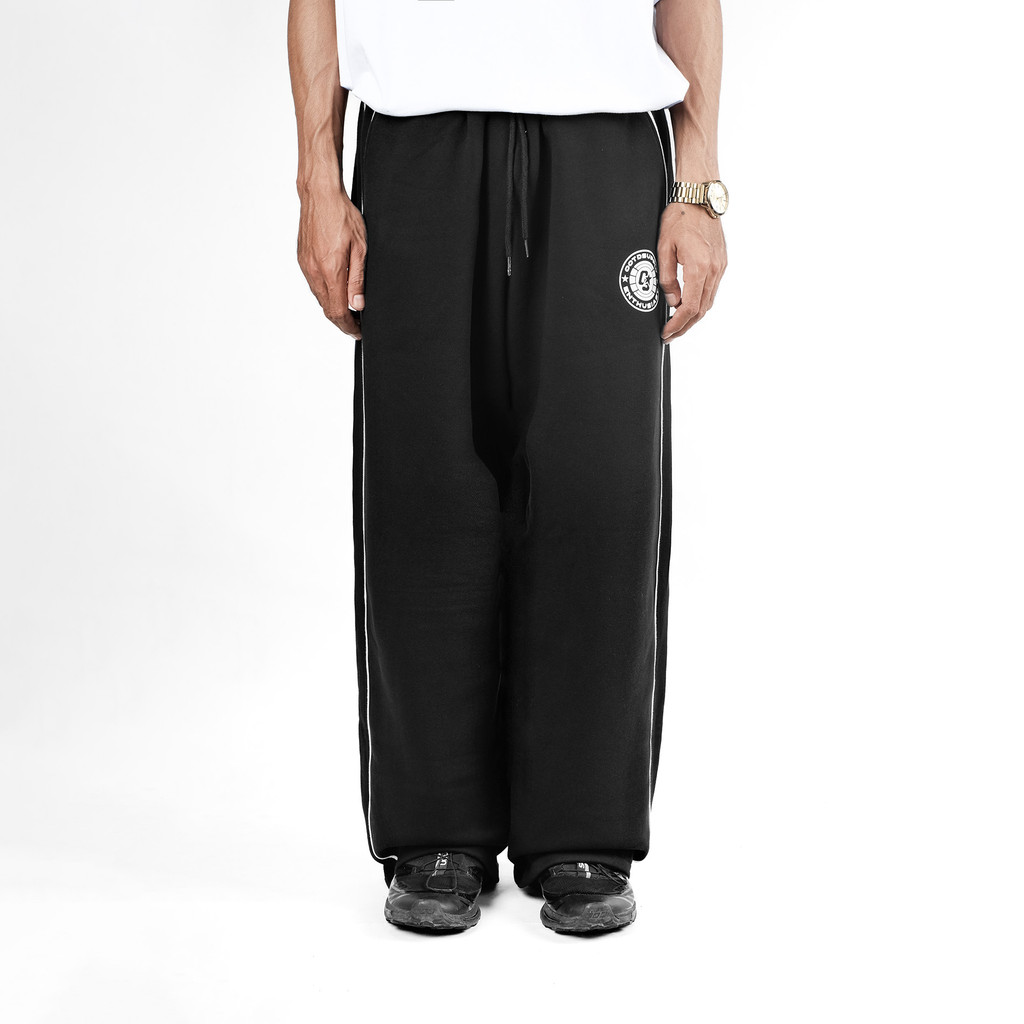 OOTDSUPPLY Baggy Pants Line Triple Sevent Black & Dark Brown | Celana Panjang Unisex | Celana Sporty | OS-BP001