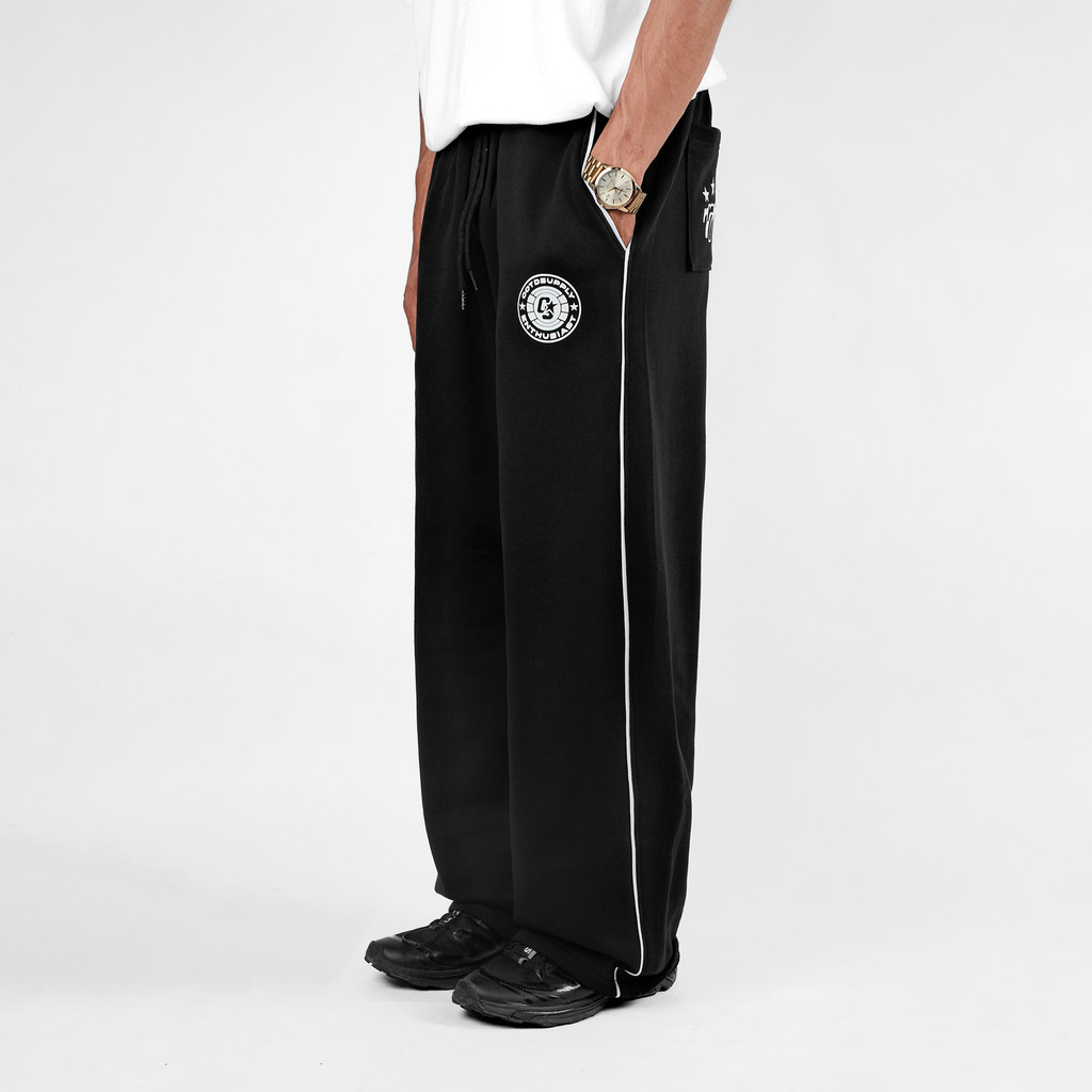 OOTDSUPPLY Baggy Pants Line Triple Sevent Black & Dark Brown | Celana Panjang Unisex | Celana Sporty | OS-BP001