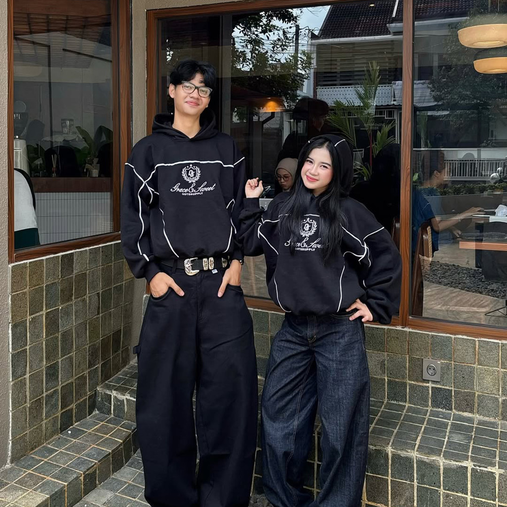 OOTDSUPPLY Hoodie Boxyfit Streetline Grace & Sweet Embroidery Black & Maroon | Hoodie Boxy fit | Outer Streetwear Unisex | OS-HD-BX-STL-GSE