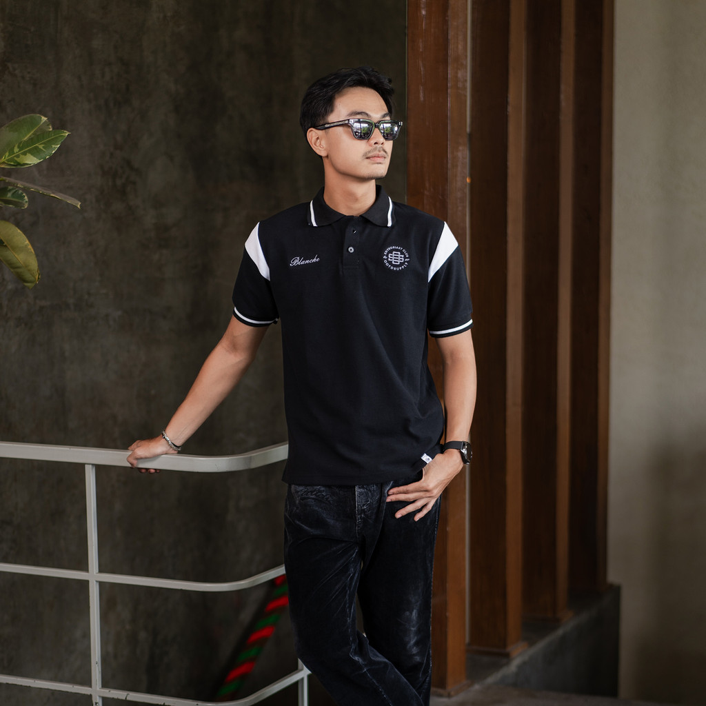 OOTDSUPPLY Polo Shirt Pique Edge Blanche Embroidery Black l Polo Pique | Kemeja Unisex Kerah Polo Lacost I OS-PSPQ-RGB-EDGE-BLE