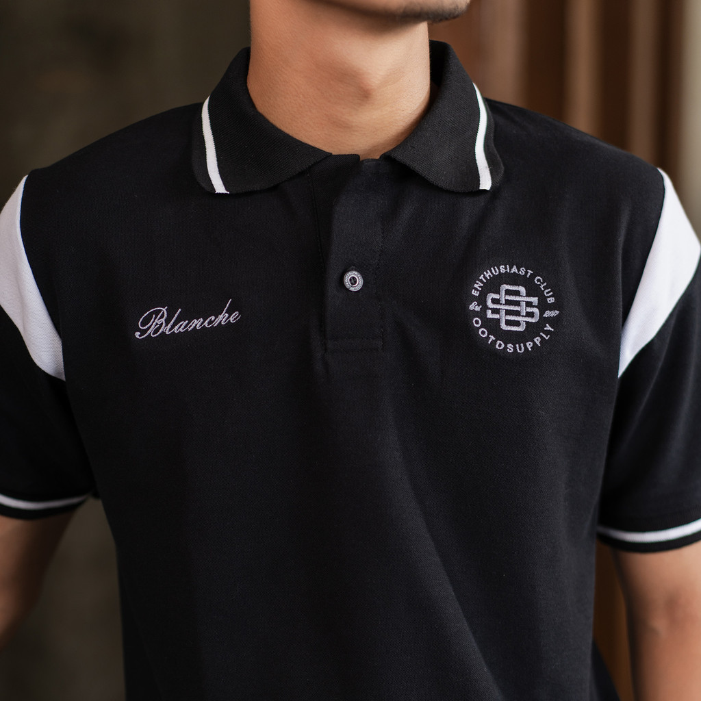 OOTDSUPPLY Polo Shirt Pique Edge Blanche Embroidery Black l Polo Pique | Kemeja Unisex Kerah Polo Lacost I OS-PSPQ-RGB-EDGE-BLE