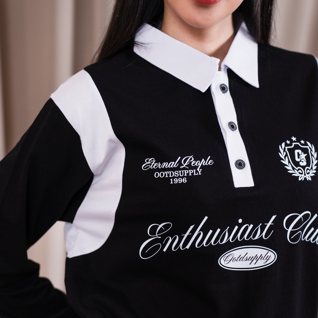 OOTDSUPPLY Polo Longsleeve Eternal People Black White | Kaos Kerah Lengan Panjang | Kaos Polo Pria & Wanita Unisex Combed 24s | OS-LS-RGB-008