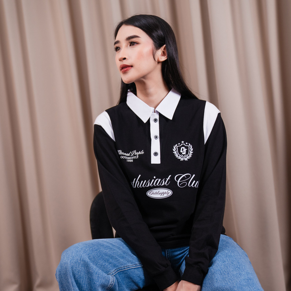 OOTDSUPPLY Polo Longsleeve Eternal People Black White | Kaos Kerah Lengan Panjang | Kaos Polo Pria & Wanita Unisex Combed 24s | OS-LS-RGB-008