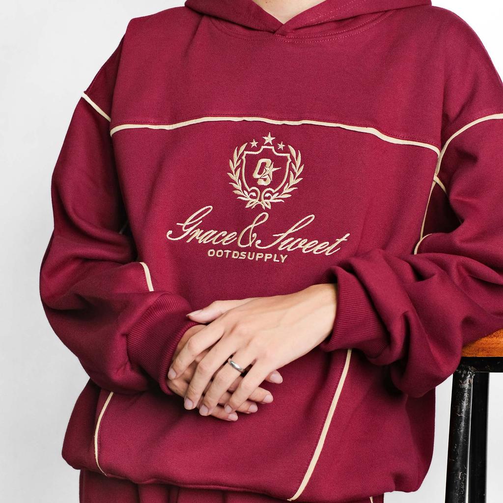 OOTDSUPPLY Hoodie Boxyfit Streetline Grace & Sweet Embroidery Black & Maroon | Hoodie Boxy fit | Outer Streetwear Unisex | OS-HD-BX-STL-GSE