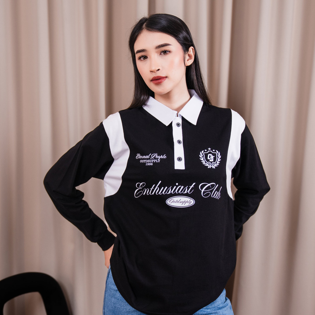 OOTDSUPPLY Polo Longsleeve Eternal People Black White | Kaos Kerah Lengan Panjang | Kaos Polo Pria & Wanita Unisex Combed 24s | OS-LS-RGB-008
