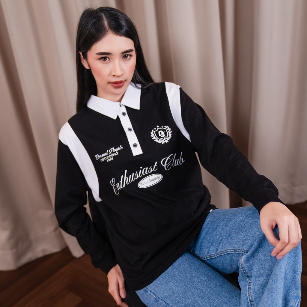 OOTDSUPPLY Polo Longsleeve Eternal People Black White | Kaos Kerah Lengan Panjang | Kaos Polo Pria & Wanita Unisex Combed 24s | OS-LS-RGB-008