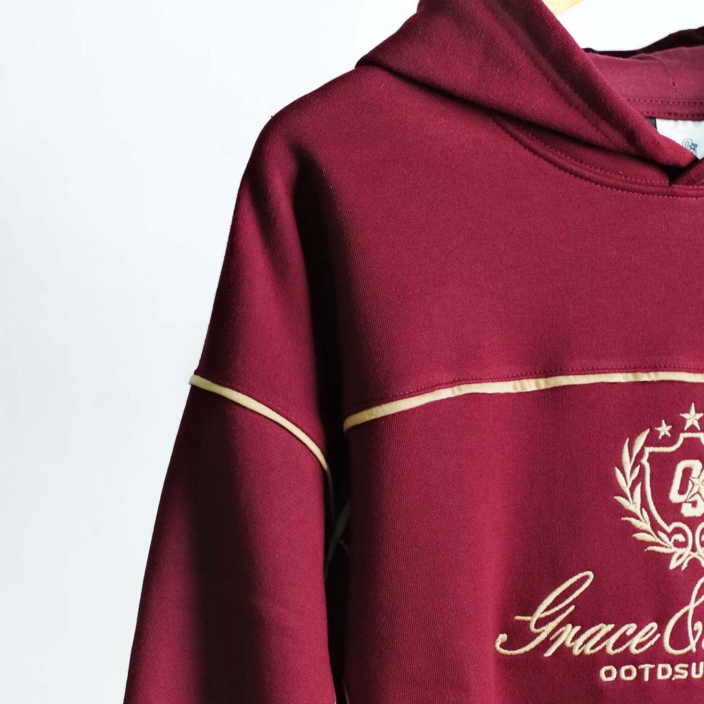 OOTDSUPPLY Hoodie Boxyfit Streetline Grace & Sweet Embroidery Black & Maroon | Hoodie Boxy fit | Outer Streetwear Unisex | OS-HD-BX-STL-GSE