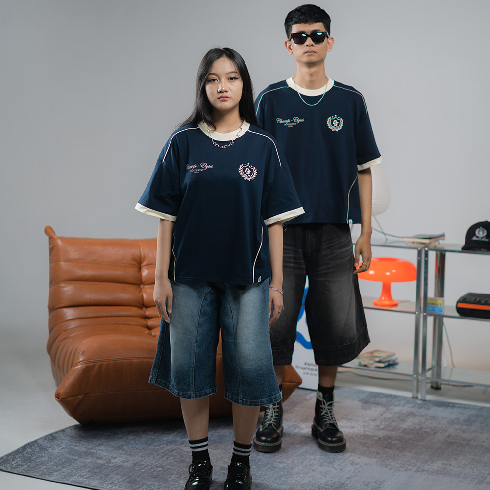 OOTDSUPPLY Oversized Boxy Elyses Navy Ringer Line Cream | Oversize Pria & Wanita | Kaos Unisex | OS-OVZ-BX-RL006