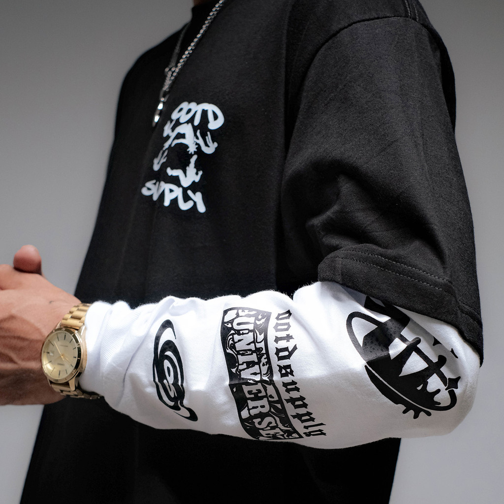 OOTDSUPPLY Longsleeve Doublesleeve Universe White Black | Longsleeve Reguler Fit | Kaos Lengan Panjang Layer | OS-LS-DS-RIB003