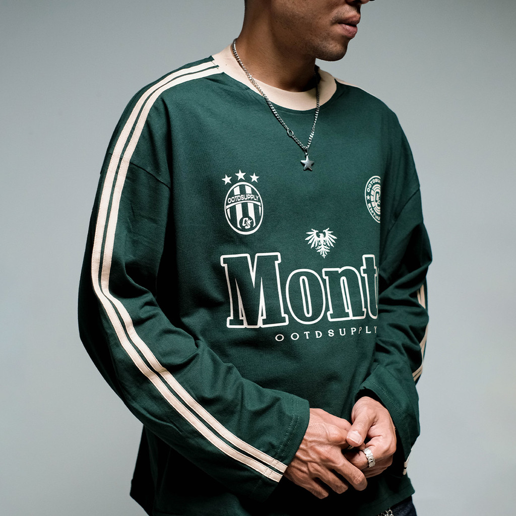 OOTDSUPPLY Longsleeve Boxy Double Stripe Monte Dark Army l Oversize T-Shirt Lengan Panjang l Kaos Kerah I Kaos Stripe | LSBX006