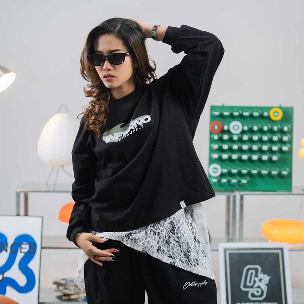 OOTDSUPPLY Longsleeve Boxy 20s Inferno Black l Oversize T-Shirt Lengan Panjang l Kaos Panjang Boxyfit | OS-LS-BX-RIB013