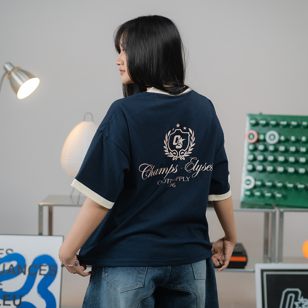 OOTDSUPPLY Oversized Boxy Elyses Navy Ringer Line Cream | Oversize Pria & Wanita | Kaos Unisex | OS-OVZ-BX-RL006