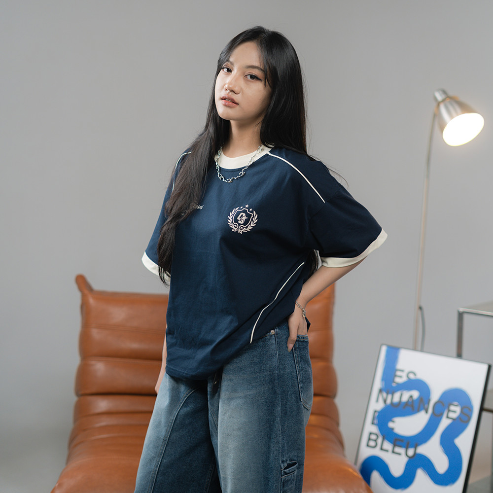 OOTDSUPPLY Oversized Boxy Elyses Navy Ringer Line Cream | Oversize Pria & Wanita | Kaos Unisex | OS-OVZ-BX-RL006