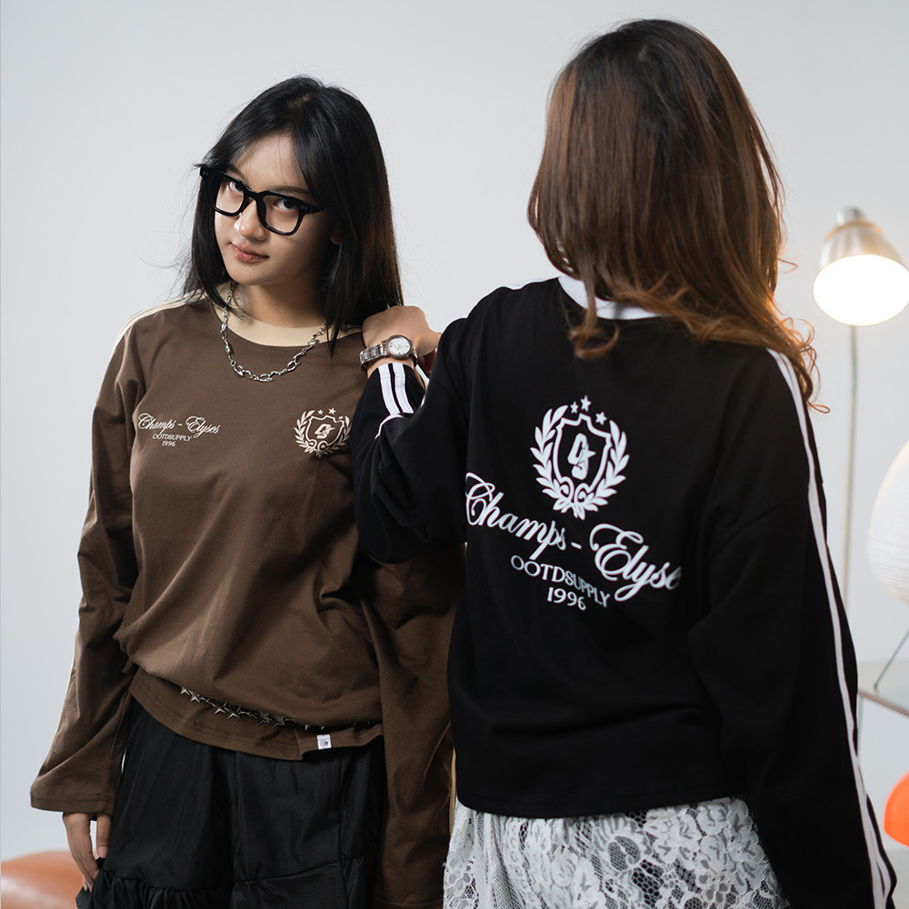 OOTDSUPPLY Longsleeve Boxy Double Stripe Elyses Dark Brown & Black l Oversize T-Shirt Lengan Panjang l Kaos Kerah I Kaos Stripe | LSBX007