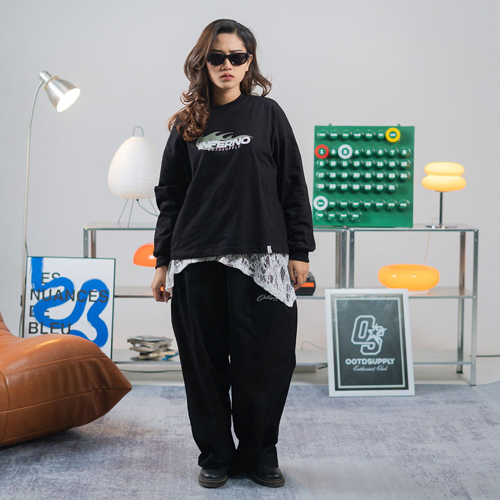 OOTDSUPPLY Longsleeve Boxy 20s Inferno Black l Oversize T-Shirt Lengan Panjang l Kaos Panjang Boxyfit | OS-LS-BX-RIB013