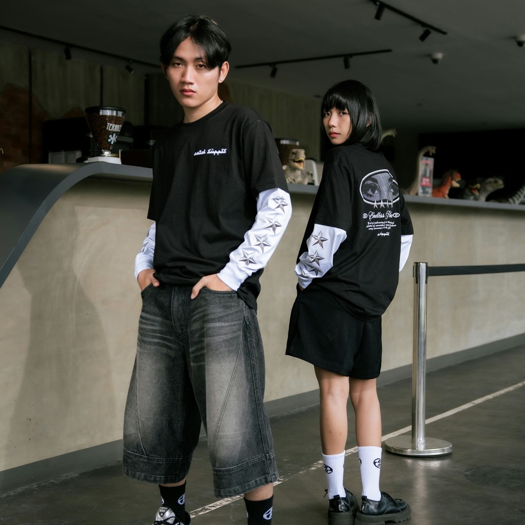 OOTDSUPPLY Longsleeve Doublesleeve Endless Black White | Longsleeve Reguler Fit | Kaos Lengan Panjang Layer | OS-LS-DS-RIB004