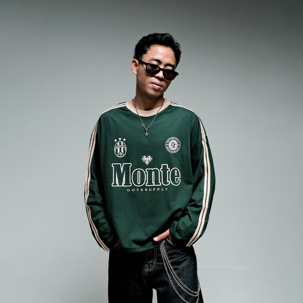 OOTDSUPPLY Longsleeve Boxy Double Stripe Monte Dark Army l Oversize T-Shirt Lengan Panjang l Kaos Kerah I Kaos Stripe | LSBX006