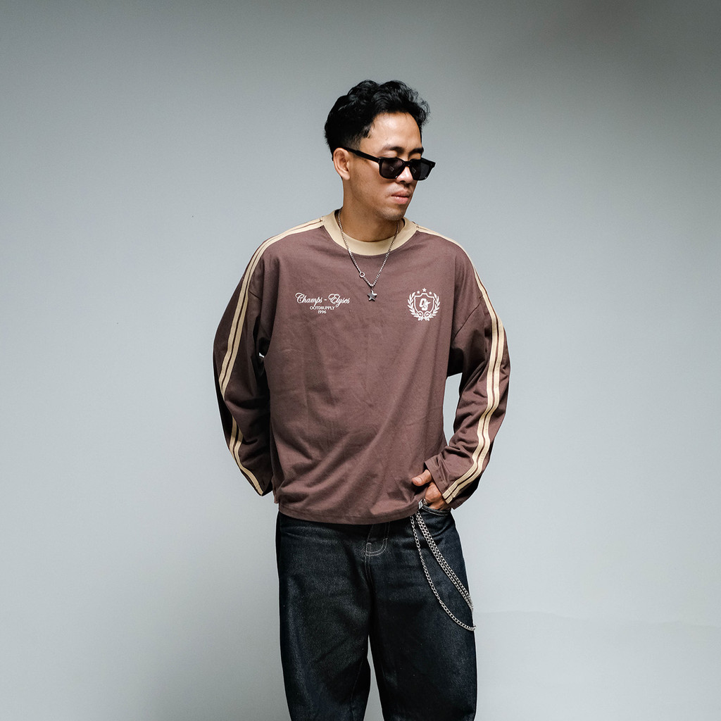 OOTDSUPPLY Longsleeve Boxy Double Stripe Elyses Dark Brown & Black l Oversize T-Shirt Lengan Panjang l Kaos Kerah I Kaos Stripe | LSBX007