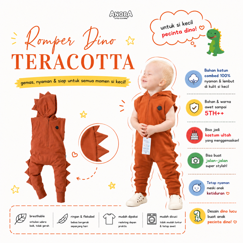 ROMPER DINO TERRACOTTA - Baju Dino Anak. Baju Anak. Baju Kaos Anak. Jumpsuit Anak.