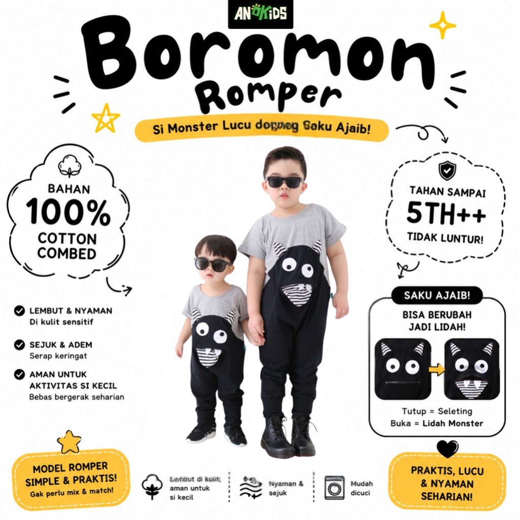 Anoba Boromon Romper - Jumpsuit Anak - Baju Main Anak - Full Cotton