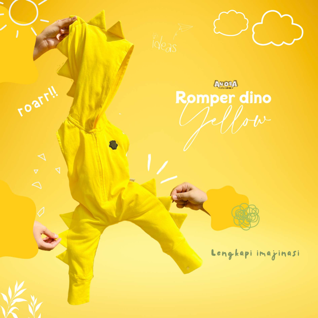 ROMPER DINO YELLOW - Baju Dino Anak. Baju Anak. Baju Kaos Anak. Jumpsuit Anak.