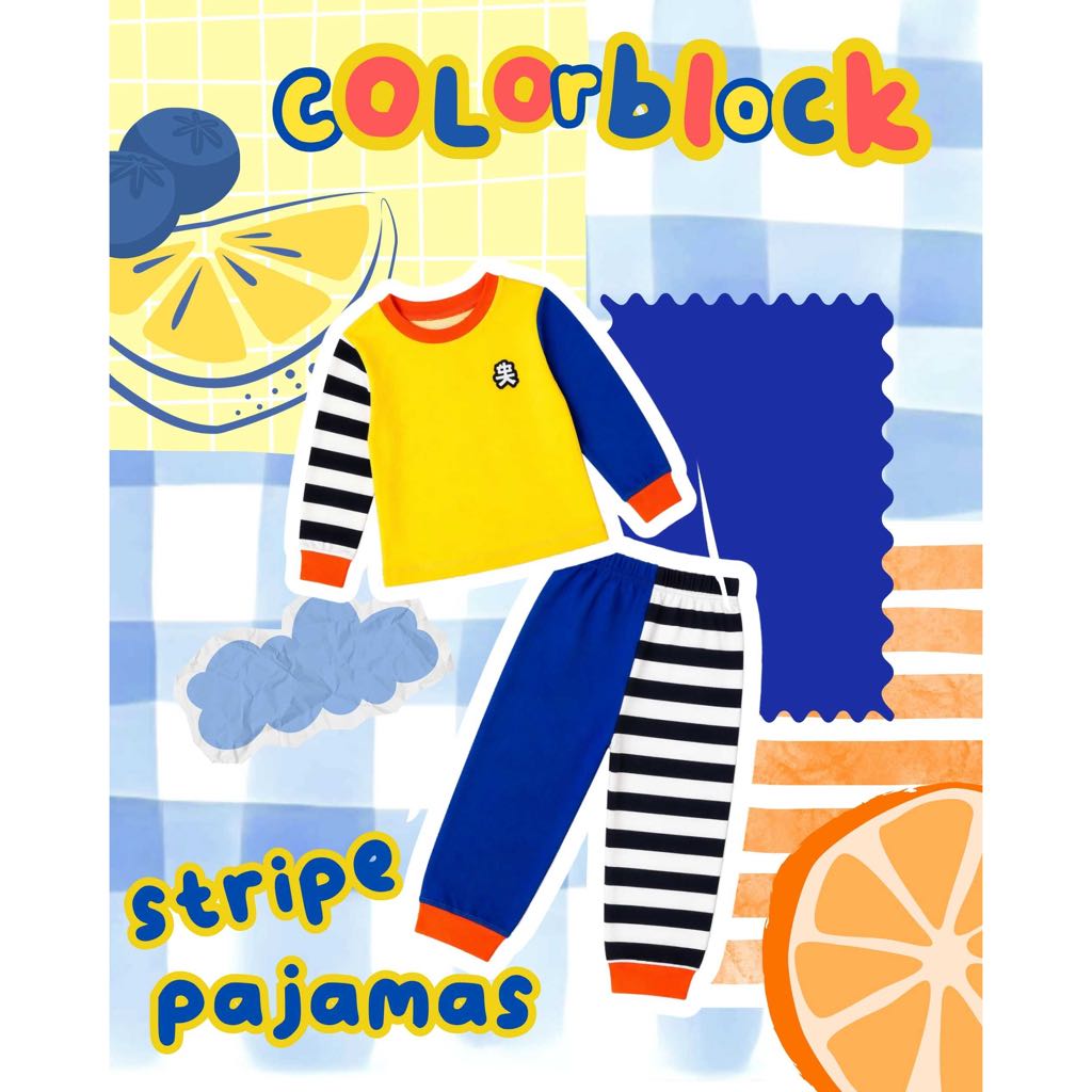 colorblock stripe pajamas - piyama anak garis-garis katun combed kaos