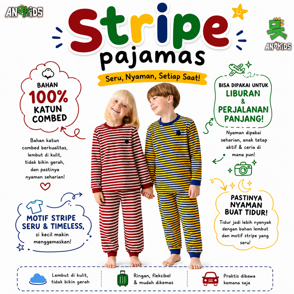 Piyama Anak Stripe Cotton Combed 1-12 Tahun - piyama garis - baju tidur anak